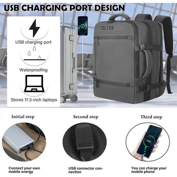 17.3inch Laptop Backpack USB Charging Port Rucksack for Men Women (Gray) - Picture 2 of 9